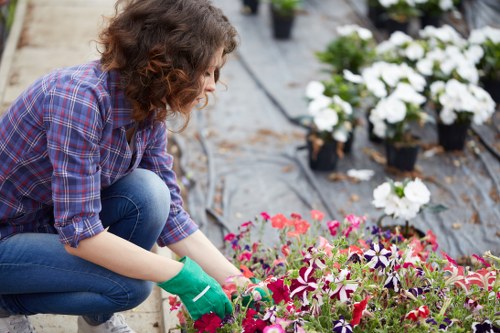Chelsea terrace garden with gardener preparing soil