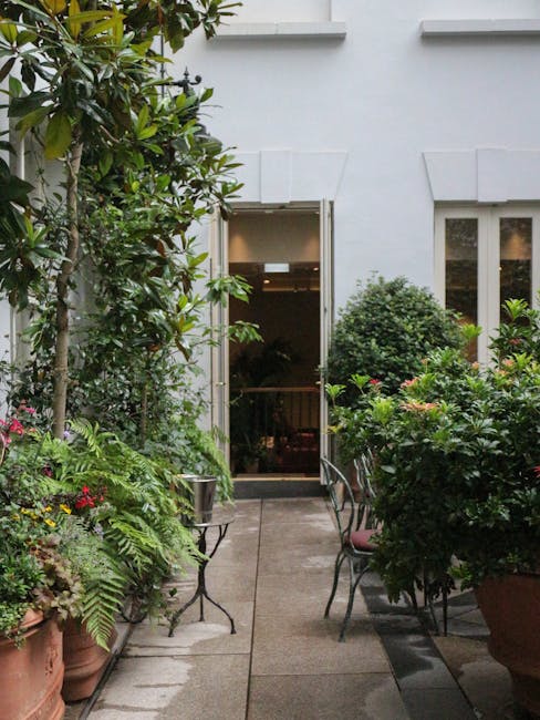 A narrow outdoor patio area adjacent to a white building features a paved concrete floor with subtle cracks. On the left side, there is a lush display of various potted plants, including ferns, flower